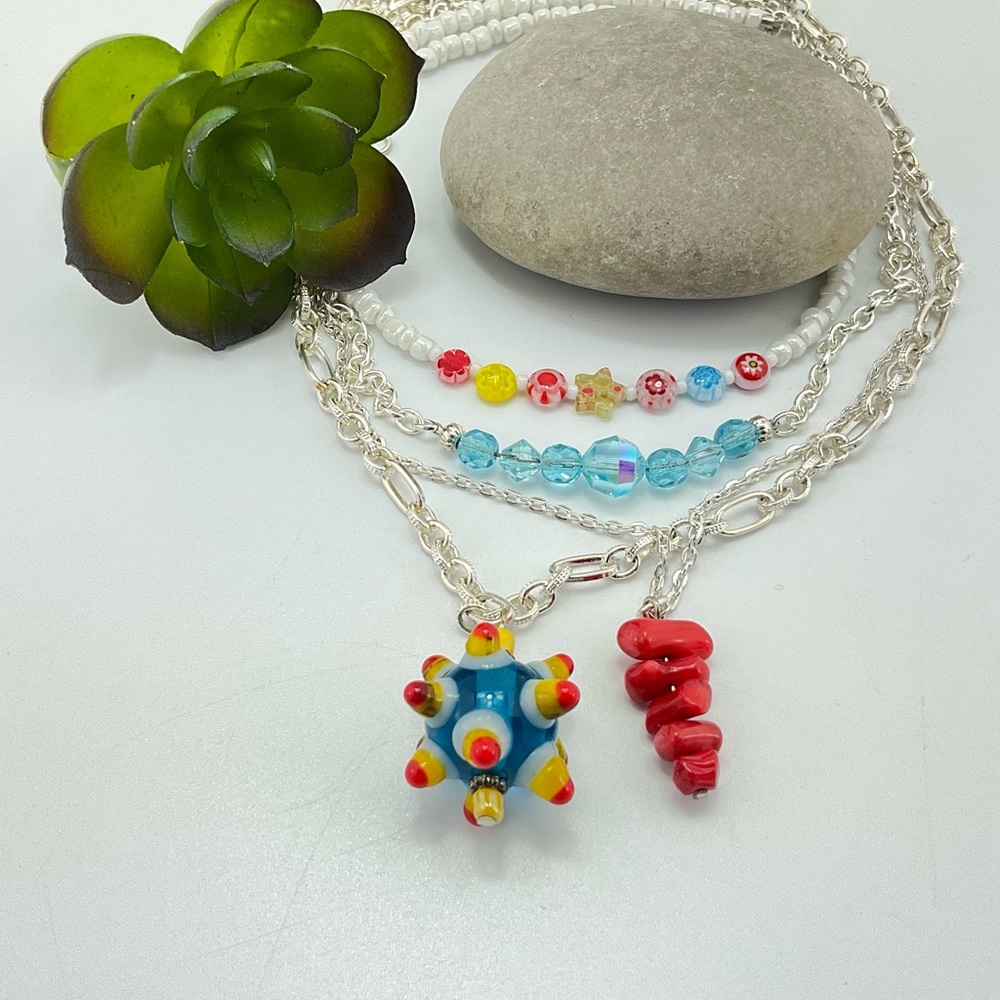 Colorful Layering Necklaces, Handmade, Set of 4, Art Glass Beads, Crystals - Picture 11 of 11